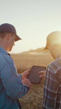 Agronomists review tablet data together against wheat field