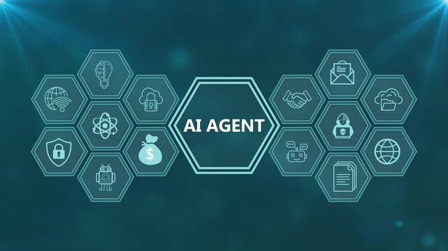 AI agent digital interface concept featuring various technology icons in hexagons for artificial intelligence assistant network solutions.