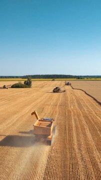Harvest machinery working across vast wheat field aerial view