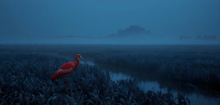 Atmospheric foggy marshland of ancient Mesopotamia at blue hour with a red ibis water bird at the foreground, with narrow waterways and vast reed beds, at the background the distant city of Babylonia 