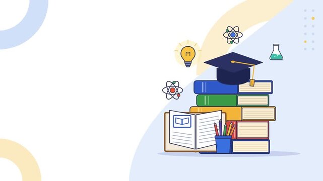 Educational concept illustration with books, graduation cap, and science symbols for e-learning and academic achievement
