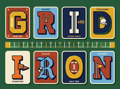 Retro football GRIDIRON varsity letter card set with yard line ruler, goal post, helmet, pennant and game day slogans for school spirit, Friday night team branding and sports apparel design