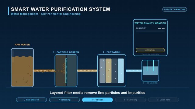 Schematic Illustration of a Smart Water Purification System demonstrating Multi Stage Filtration and Quality Monitoring Process