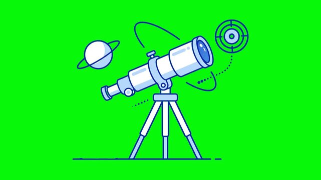 Conceptual Illustration of an Astronomical Telescope Observing Space Planets and Celestial Targets on a Vibrant Green Background