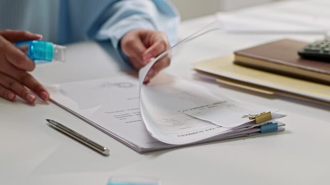 Businessperson Hands Reviewing and Annotating Financial Documents with Pen and Papers in Modern Office Setting
