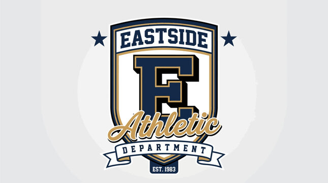 Eastside Athletic Department Shield Emblem Vector with Varsity Letter E, Ribbon Banner and Stars for School Sports Branding, Team Logo Templates and Collegiate Apparel Designs
