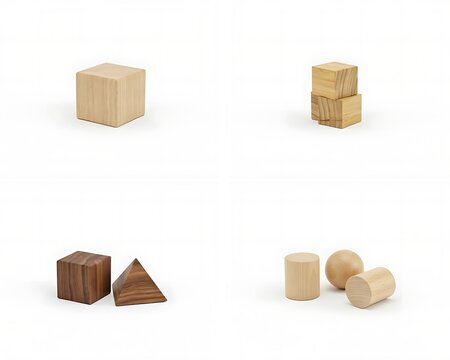 Collection of wooden geometric shapes and blocks isolated on white background