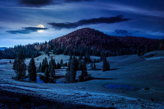 Lake in Carpathian mountains in autumn at night. full moon over Mixed forest on hillsides of Apuseni National park in Romania. mysterious Bihor Mountain ridge in the distance