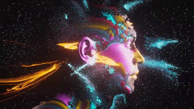 Futuristic Human Head with Colorful Abstract Particle Explosion