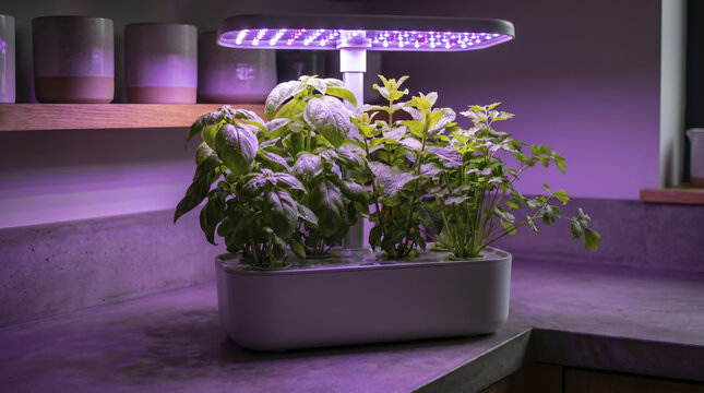 Fresh basil mint and parsley thrive inside countertop hydroponic garden. Smart indoor planter illuminates lush green foliage with specialized purple LED grow lamp on modern kitchen counter.