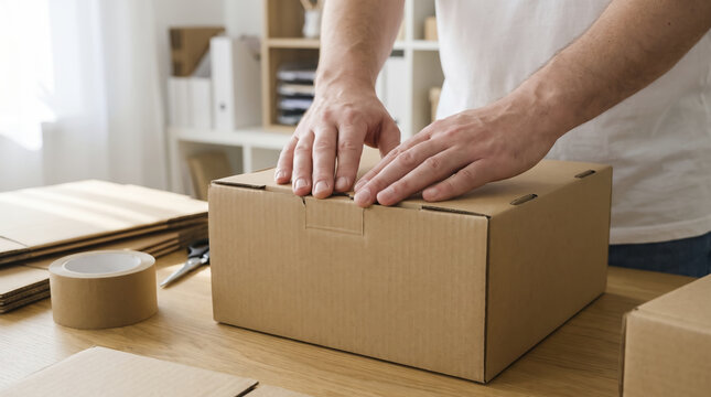 Careful hands seal cardboard storage box lid on tidy workspace during order fulfillment process. Sturdy cardboard storage box sits amidst packing materials prepared for postal handling.
