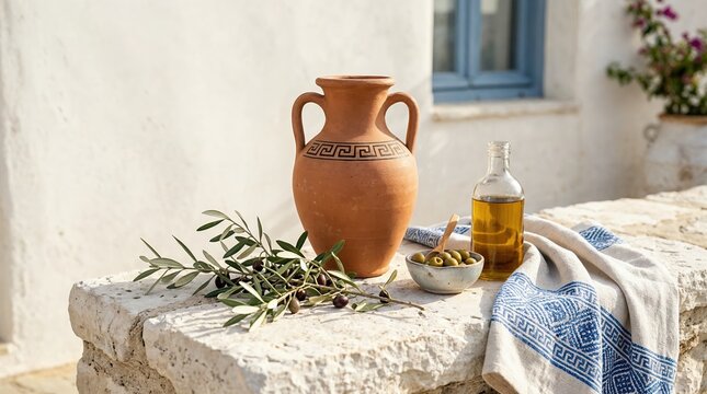Terracotta amphora jar with olive oil, fresh olives, and olive branch arranged on a whitewashed stone table in a Mediterranean courtyard setting with blue shutters and traditional textiles.