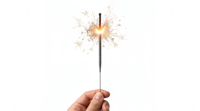 Hand holding burning sparkler with bright golden light isolated on