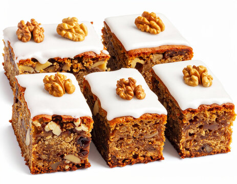Banana walnut cake bars with sugar glaze, white background. AI