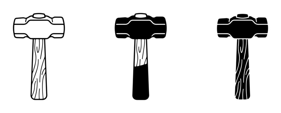 Sledgehammer Icons: Black and White Tools, Construction Symbols, Heavy Duty Hammers
