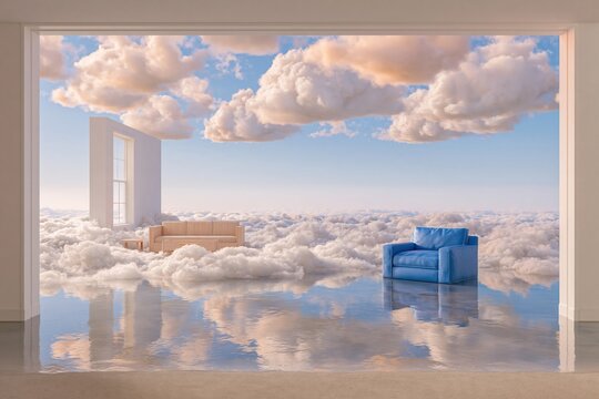 Cobalt blue armchair in a surreal living room with a reflective water floor, floating among soft clouds for interior design and art