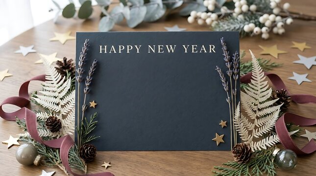 Happy New Year Greeting Card with Festive Winter Holiday Decorations and Blank Copy Space on Wooden Table