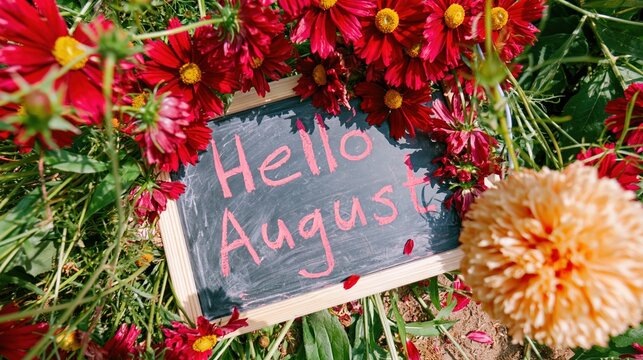 Hello August chalkboard surrounded by vibrant red cosmos and yellow flowers, a rustic wooden frame on a dark surface for seasonal greetings