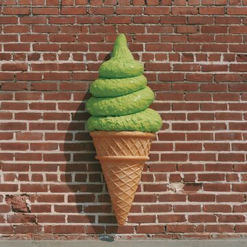 Ice cream cone glass tube sign with a glowing green swirl on a textured brown brick wall, for a playful dessert shop storefront