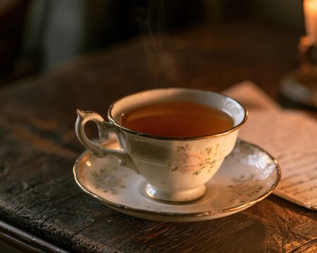 vintage porcelain teacup filled with hot steaming herbal tea on rustic wooden table background for morning breakfast wellness concept relaxation traditional afternoon tea time drinking presentation