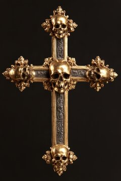 gothic golden metal cross ornamented with human skulls for halloween dark art religious symbolism gothic horror decoration concept gothic crucifix isolated on dark black background studio photography