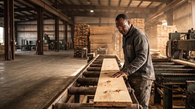 Sawmill grader checks a board at the sorting table