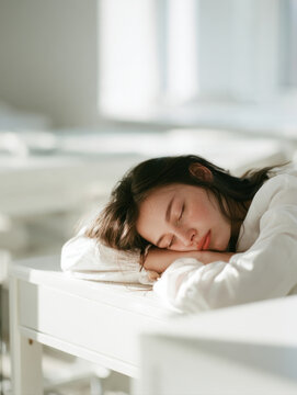 peaceful young woman sleeping serenely on desk in bright sunlit white room for wellness rest mental health relaxation tired student taking break serene morning indoor lifestyle studio portrait