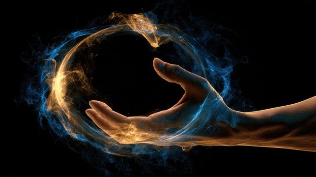 mystical glowing magic energy sphere held in human hand with blue and orange fiery light trails over black background for fantasy science fiction power creation abstract concept presentation