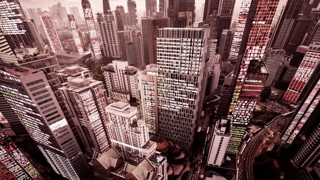 kuala lumpur cyberpunk city with overlayed code and data on the buildings
