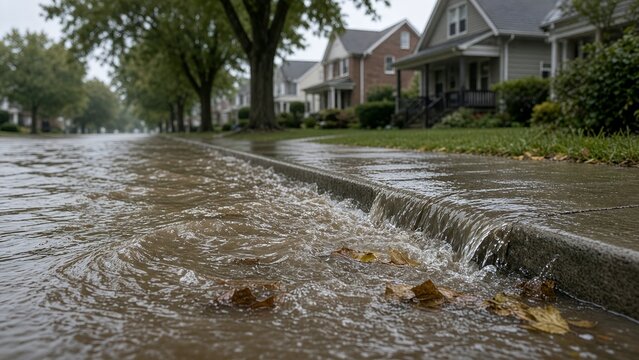 Severe Flash Flooding Submerging Residential Street and Sidewalk During Rainstorm