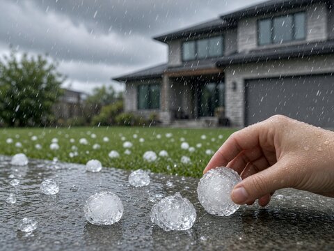 Hand Holding Huge Hailstone on Wet Pavement During Severe Summer Hailstorm by Home