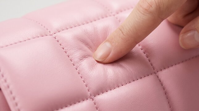 Fingertip presses into soft pink quilted material texture