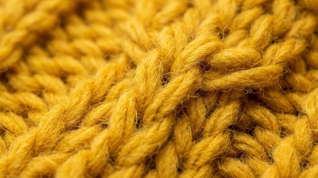 Close up view of thick yellow knitted fabric texture and pattern