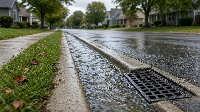 Rainwater Runoff Flowing Along Concrete Curb Gutter into Storm Drain on Suburban Street