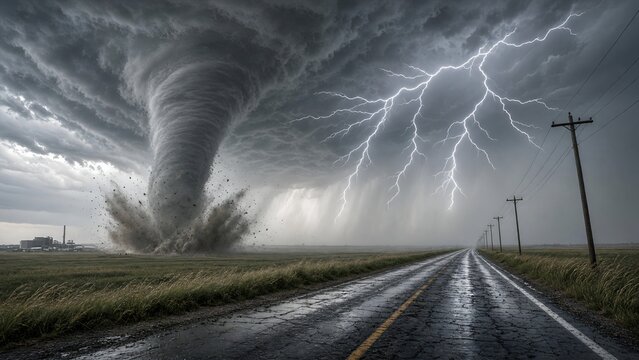 Massive Destructive Tornado and Lightning Strike on Country Road During Severe Storm