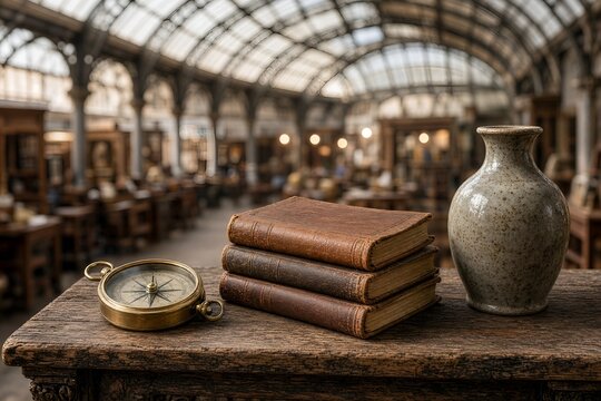 Stack of Vintage Leather Books with Brass Compass and Ceramic Vase in Old Library