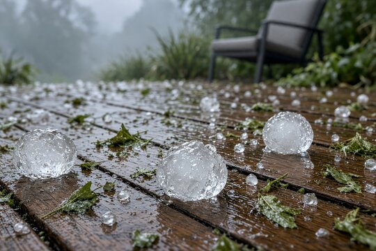 Massive Hailstones Scattered Across Wet Wooden Deck After Destructive Severe Storm