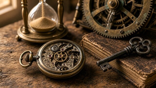Vintage Pocket Watch with Exposed Gears, Brass Hourglass, and Antique Key on Rustic Wood