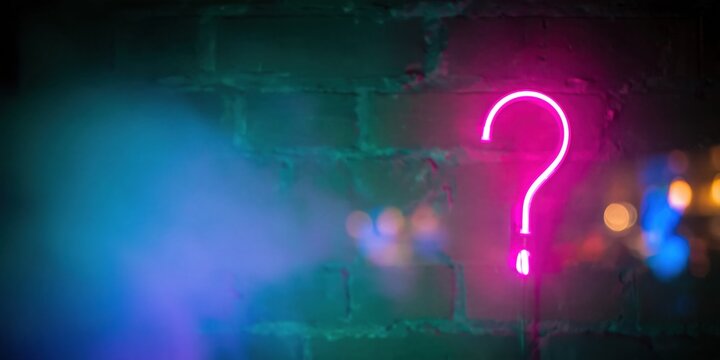 Question mark sign glowing in fuchsia pink on a teal brick wall, featuring a misty haze and rough texture for Q&A session banners