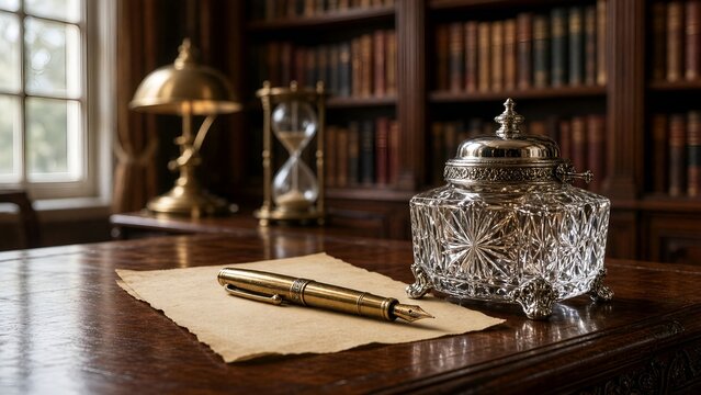 Vintage Fountain Pen and Crystal Inkwell on Parchment Paper in an Antique Library