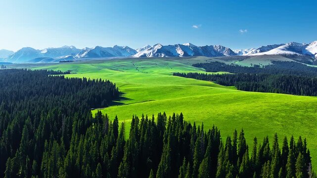 High angle shot displays vibrant green rolling pastures of Kalajun grassland bordering dense pine forests under snow capped mountains in Xinjiang, China.