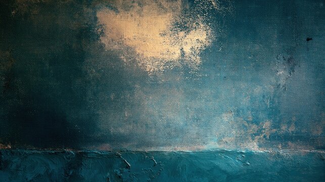 Abstract texture background wall with a grunge midnight teal canvas and a soft golden patch for a moody elegant backdrop with copy space