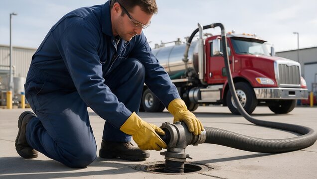 Industrial Worker Connecting Suction Hose from Tanker Truck to Underground System
