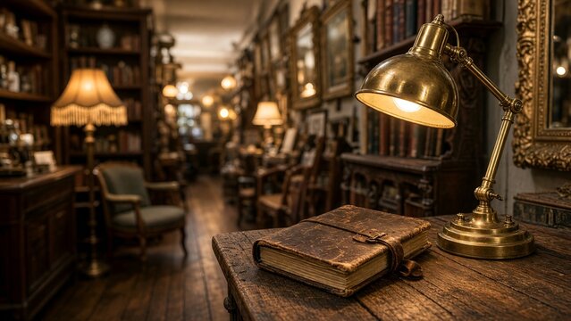 Antique Leatherbound Book and Glowing Brass Desk Lamp on Wooden Table in Cozy Vintage Library