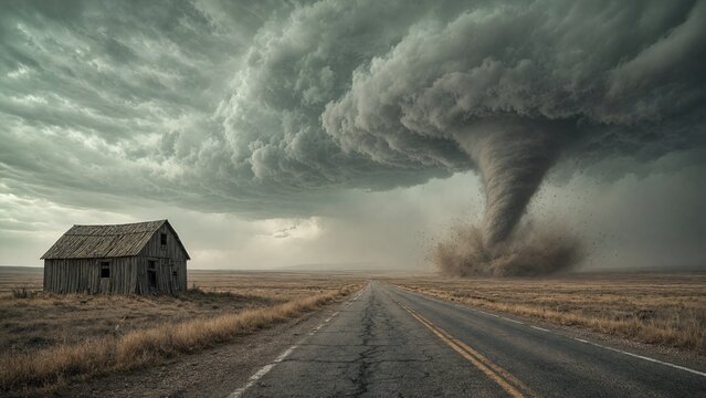 Massive Tornado Twister Touching down Near Abandoned Wooden House on Rural Country Road