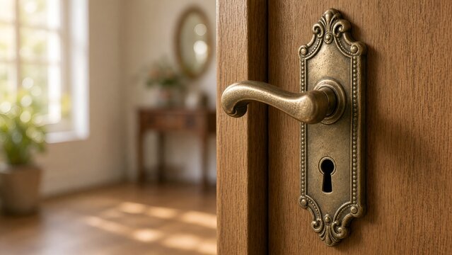 Vintage Brass Doorknob on Wooden Door Opening to a Bright and Elegant Home Interior