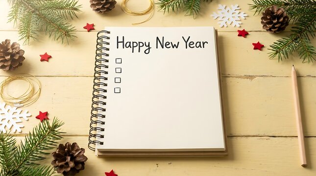 Happy New Year Resolutions Notebook with Winter Decorations on Wooden Background Flat Lay