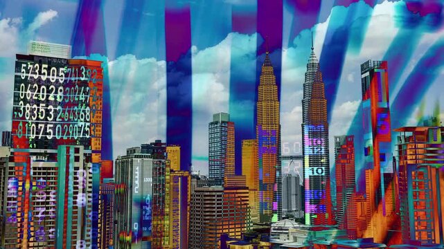 kuala lumpur cyberpunk city with overlayed code and data on the buildings