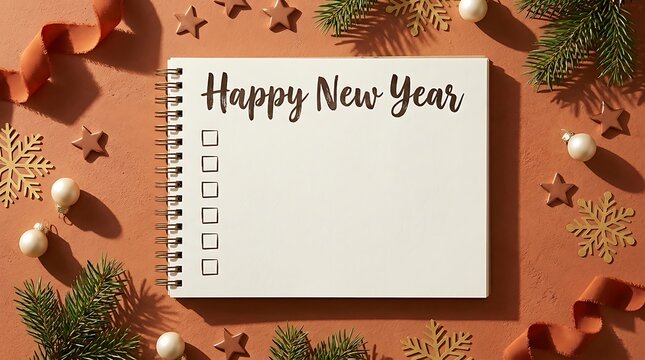 Happy New Year spiral notebook with checklist on terracotta background with Christmas decorations and pine branches, flat lay composition