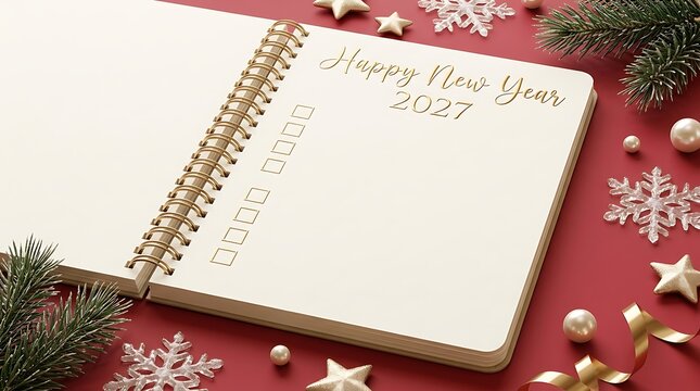Happy New Year 2027 Planner with Checklist and Festive Decorations on Red Background for Goals and Resolutions
